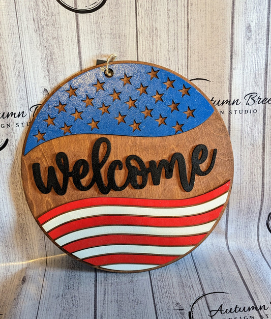Welcome sign red white and blue