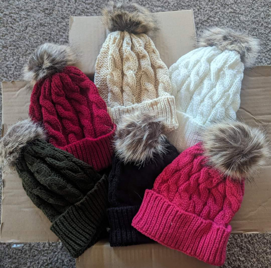 PomPom Beanies with Leatherette patches