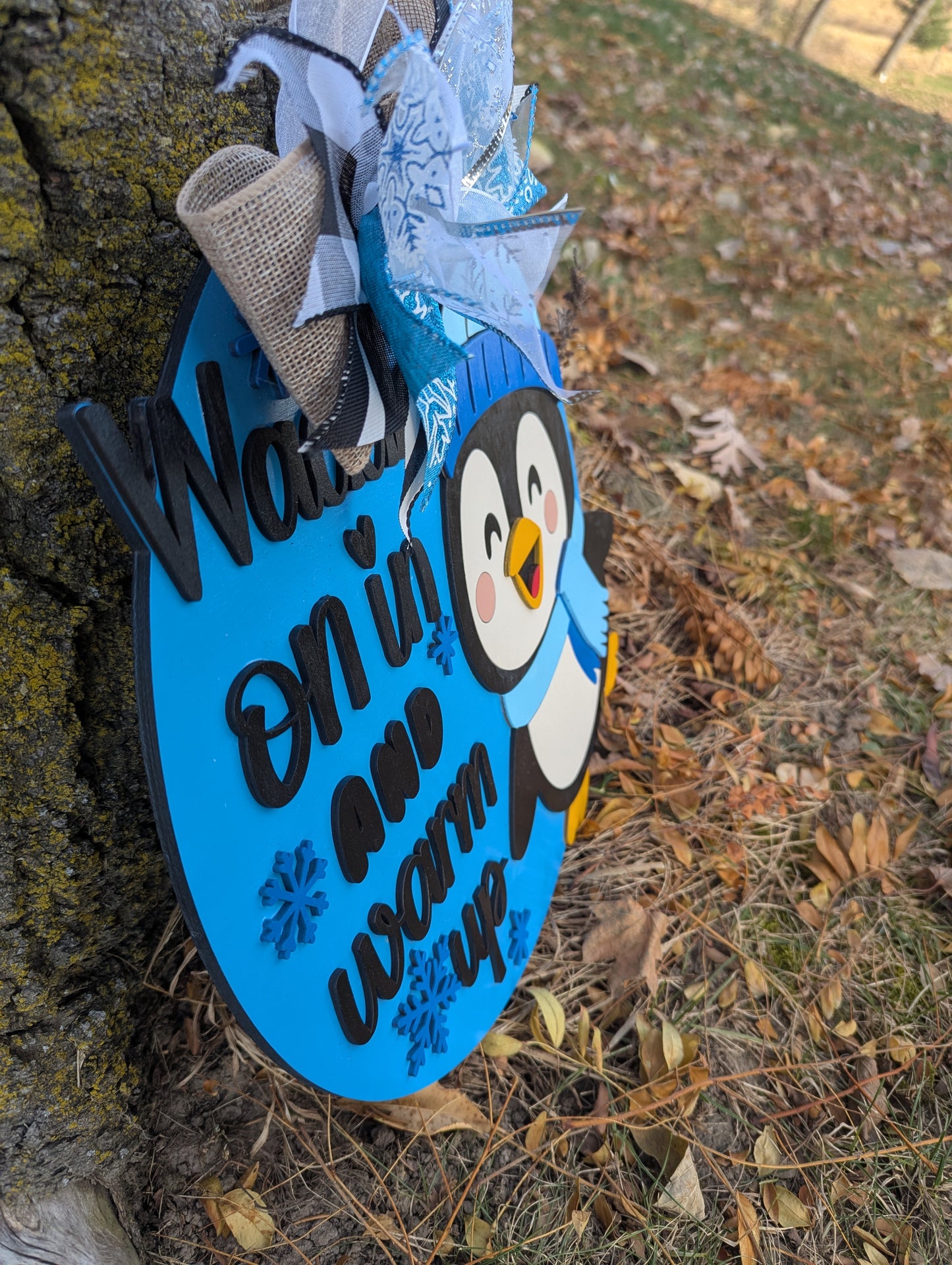 15” Winter Penguin Door Hanger | Welcome Snow In & Warm Up Sign | Handmade Wooden Round Winter Decor