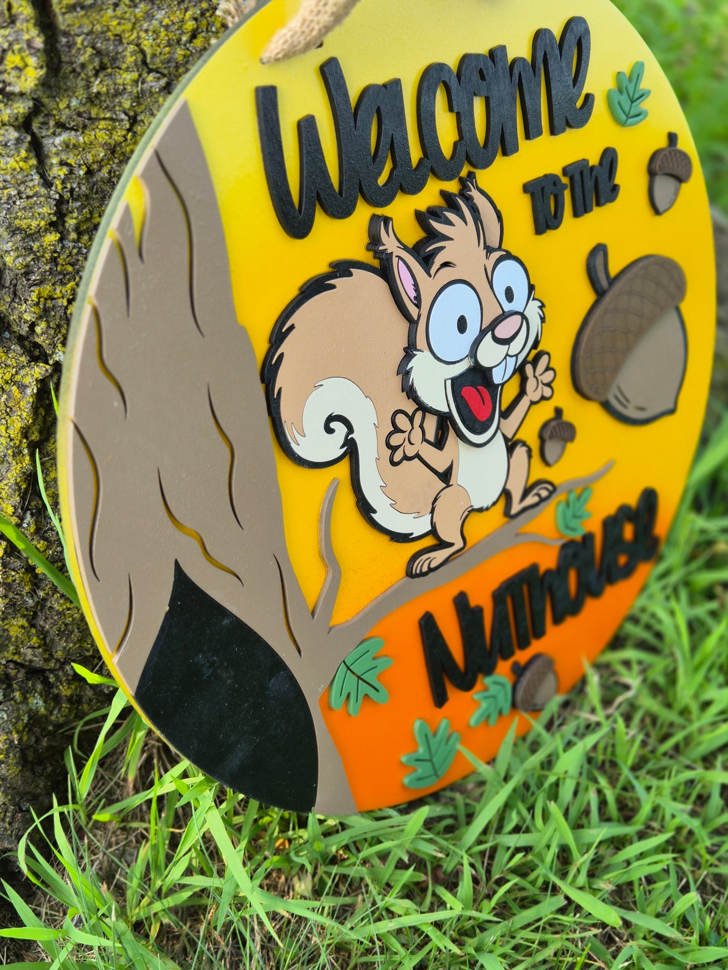 Welcome to the Nut House Door Hanger | Funny Squirrel Sign | Sunset Front Door Decor | 15 Inch Wooden Sign