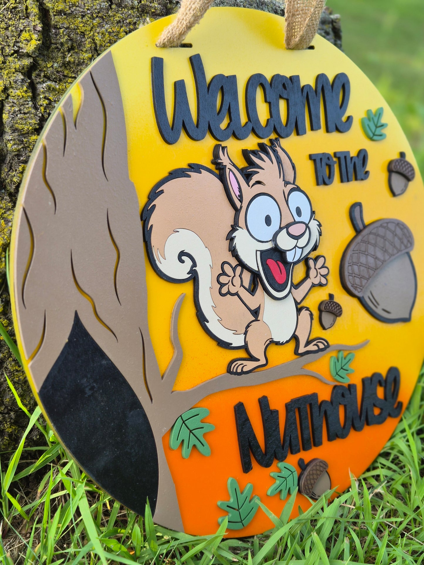 Welcome to the Nut House Door Hanger | Funny Squirrel Sign | Sunset Front Door Decor | 15 Inch Wooden Sign