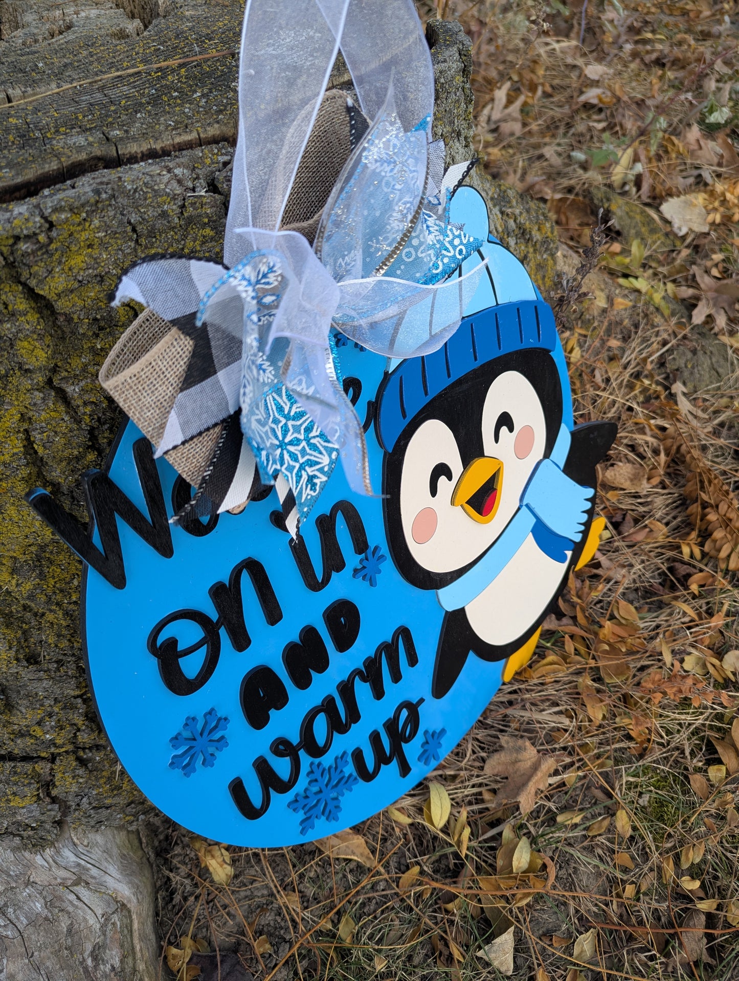 15” Winter Penguin Door Hanger | Welcome Snow In & Warm Up Sign | Handmade Wooden Round Winter Decor