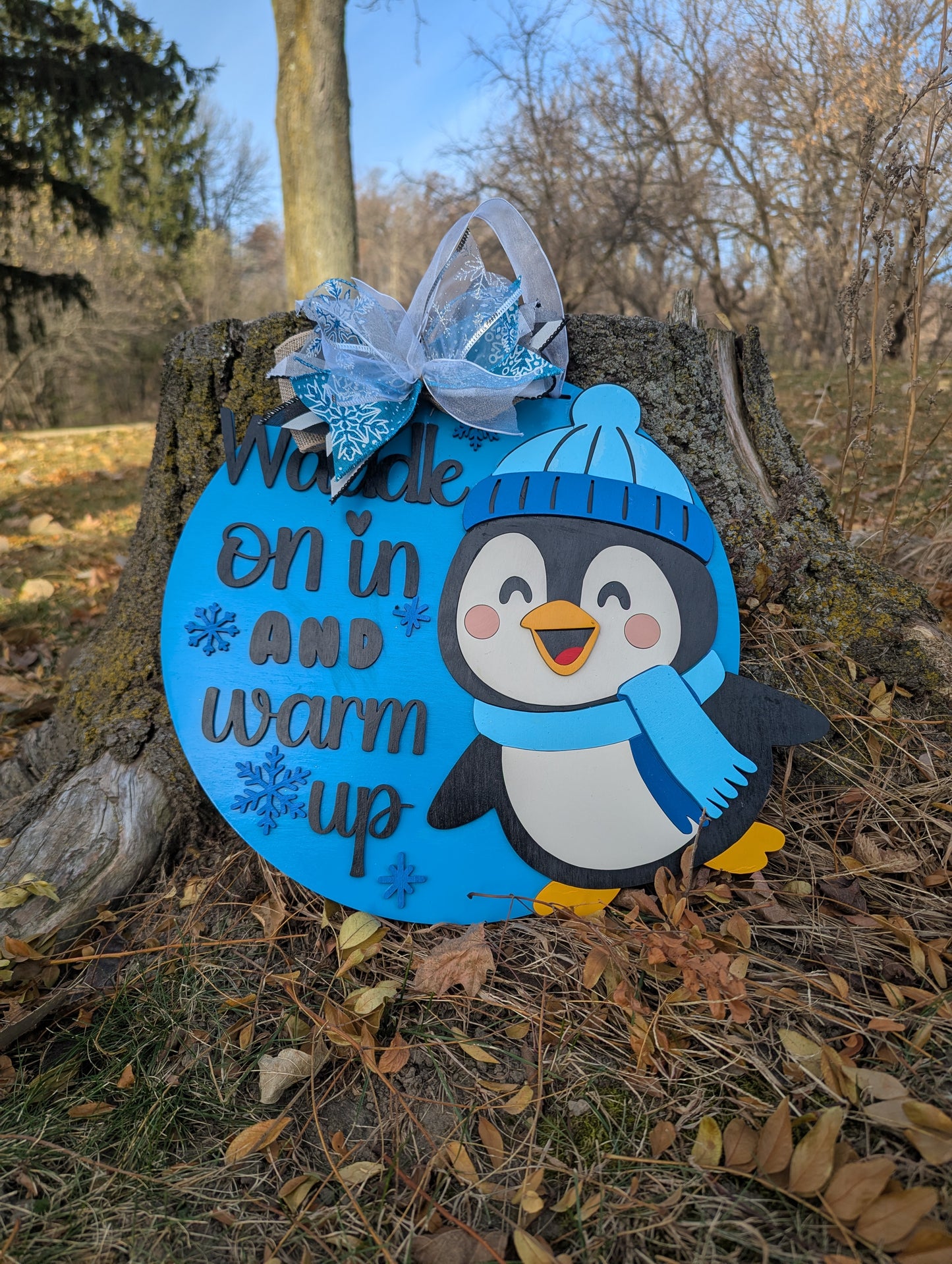 15” Winter Penguin Door Hanger | Welcome Snow In & Warm Up Sign | Handmade Wooden Round Winter Decor